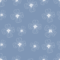 Seamless vector pattern with outline white, regular, wild meadow flowers on a blue background. Line art sketch. Good print for wallpaper, textile, wrapping paper, ceramic tiles