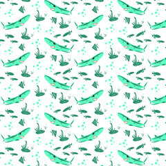 Pattern with sea fish and shark