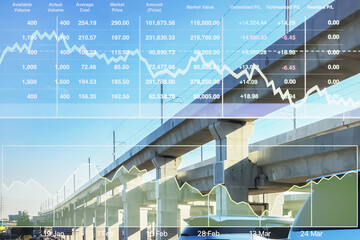 Fototapeta premium Stock financial index with graph and chart of elevated sky train track with concrete structure support columns and electric power poles cross over expressway for infrastructure presentation report.