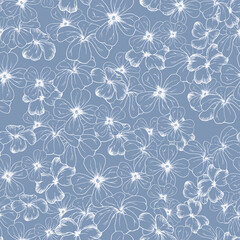 Seamless vector pattern with a lot of outline white meadow flowers on a blue background. Line art sketch. Good print for wallpaper, textile, wrapping paper, ceramic tiles