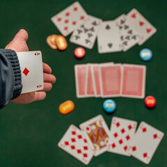 A poker player draws an ace of diamonds from his jacket sleeve