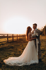 Walk the newlyweds at sunset. The bride and groom in the rays. Evening landscape.