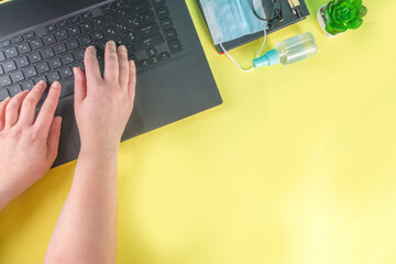 New normal Office reality, work at home concept. Office covid background, Laptop, notepad, office...
