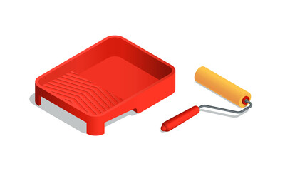 Isometric vector illustration orange paint roller and red plastic paint tray isolated on white background. Realistic paint roller brush and paint tray icon in flat cartoon style. Painting, renovation.