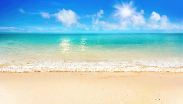 Beautiful background image of tropical beach. Bright summer sun over ocean. Blue sky with light clouds, turquoise ocean with surf and clear sand. Harmony of clean environment. Wide format.