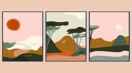Set of abstract landscapes with valle,hills and sun.Paper cut style.Mid century art.Contemporary posters with nature view.Summer holidays and travelling.Banner for cafe,salon.Hand drawn background