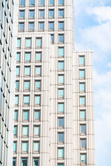 underside panoramic and perspective view to steel blue glass high rise building skyscrapers, business concept of successful industrial architecture