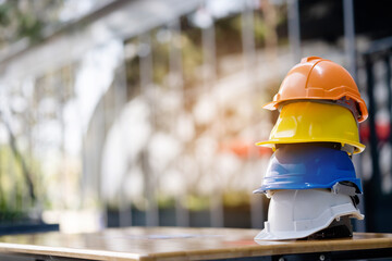Group Safety Construction Worker Hats. Teamwork of the construction team must have quality. Whether it is engineering, construction workers. Have a helmet to wear at work. For safety at work.