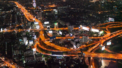 panorama view capital city of Thailand trafic road, Night top view skyline highway