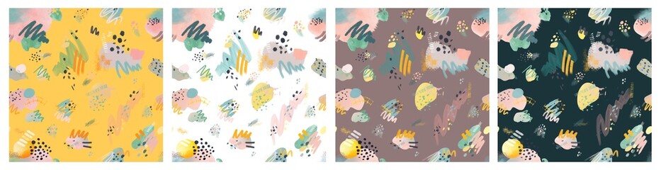 Abstract seamless pattern with trendy hand drawn textures, spots, brush strokes.