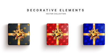 Collection of realistic gift boxes, decorative presents isolated on white background. Vector illustration