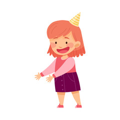 Girl Character with Red Hair Standing in Birthday Hat Vector Illustration