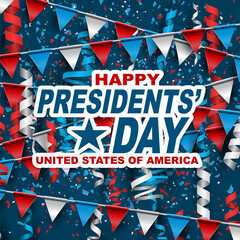 Fototapeta na wymiar Happy Presidents day banner background. USA flag colors, balloons and confetti. American public holiday. Realistic vector illustration.