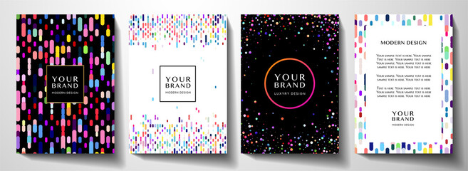 Modern colorful cover design set with circular dots and vertical rainbow lines. Creative multi colored pattern on black and white background. Collection useful for notebook, holiday poster, brochure