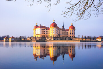 Fototapeta premium Moritzburg castle after sunrise at winter time, Germany