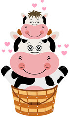 Mommy cow with baby on the head in a wooden bathtub
