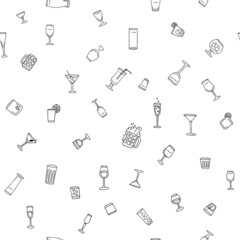 Naklejka premium Seamless set of pencil alcoholic doodle drawings. Collection of illustrations of hand-drawn sketches of templates of alcoholic glasses, glasses and mugs