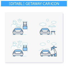 Getaway car line icons set. Relax and travel by automobile concept. Contains such icons as pet seat, picnic near car, near beach etc. Isolated vector illustrations. Editable stroke