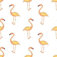 Isolated seamless pattern with beige colored flamingo ornament. White background. Exotic zoo backdrop.