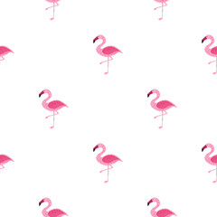 Fototapeta premium Isolated seamless cartoon pattern with bright pink flamingo silhouettes. White background. Doodle design.