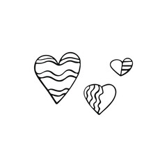 Simple doodle hearts. Hand drawn hearts isolated on white background. Valentine's Day symbol. Vector illustration.