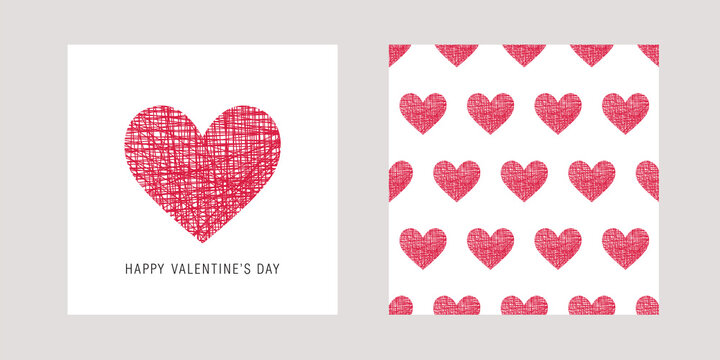 Happy Valentine's Day. Modern Greeting card and seamless pattern with red hearts for Valentine's Day, birthday, Mother's Day, wedding. Vector illustration.
