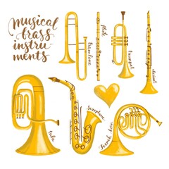 Set of brass and woodwind musical instruments trumpet, tuba, trombone, French horn, saxophone, clarinet, flute. Crayon drawing illustration  © Tеtiana