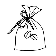 Coffee bag with labels in outline doodle style. Vector illustration for cafe, restaurant, menu.