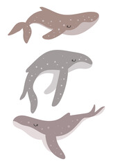 Hand drawn poster with whales for nursery decoration. Perfect for baby shower, birthday, children's party, clothing prints, greeting cards