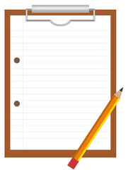 Brown clipboard with sheet of lined paper and yellow pencil
