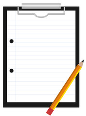 Black clipboard with sheet of lined paper and yellow pencil