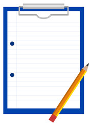Blue clipboard with sheet of lined paper and yellow pencil