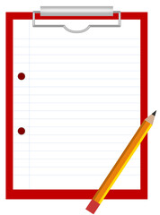 Red clipboard with sheet of lined paper and yellow pencil
