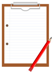 Brown clipboard with sheet of lined paper and red pencil
