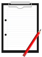 Black clipboard with sheet of lined paper and red pencil