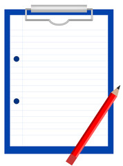 Blue clipboard with sheet of lined paper and red pencil