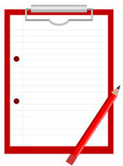 Red clipboard with sheet of lined paper and red pencil