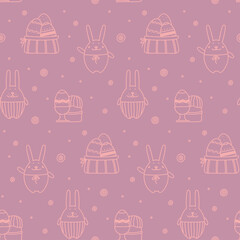 Fototapeta na wymiar Easter seamless pattern with Easter eggs, bunnies, cakes on a violet background. Doodle style. Suitable for Easter cards, wallpaper, paper, fabric, interior decor and others
