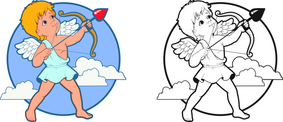 Cupid with bow and arrow Happy Valentine's Day vector illustration isolated clipart. Coloring book for children. Child in cartoon style. Character design for birthday, wedding card or valentine's day
