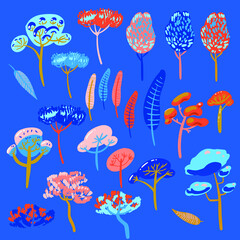 Set group of different types of trees (exotic, mediterranean) for design, patterns, textiles. Vector illustration.