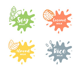 Soy, almond, coconut and rice milk logotype set in splash form with drops. Packaging badge design element set. Hand drawn healthy vegan drinks labels. Isolated logo collection vector eps illustration