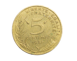 five france centimes coin on a white isolated background