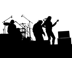 Rock band musicians on stage. Isolated silhouettes on a white background