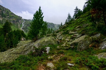 stony path in a wonderful mountain valley with waterfalls
