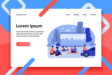 Outdoor cinema theater big screen. Friends and dating couples watching open air movie at night. Vector illustration for evening leisure, vacation, weekend concept