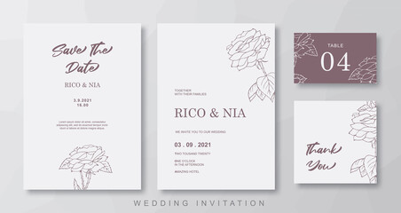 Fototapeta na wymiar Brown floral line art wedding invitation template design