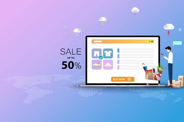 Concept of online shopping, young man wear a face mask and hold a smartphone, standing near laptop that the display contain list of products and description to order a new pant.