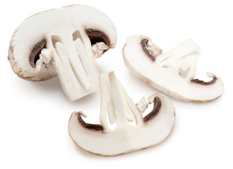 Fototapeta na wymiar Sliced mushroom (champignon, cut foot, Agaricus Bisporus) and raw. Isolated on white background