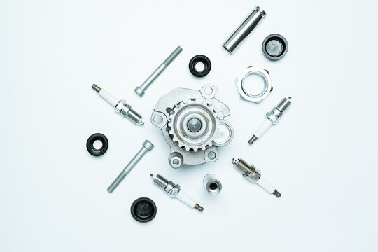 Car service tools. Set of new metal car part. Auto motor mechanic spare or automotive piece isolated on white background. Technology of mechanical gear with space for text.