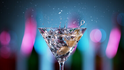 Closeup of splashing martini cocktail